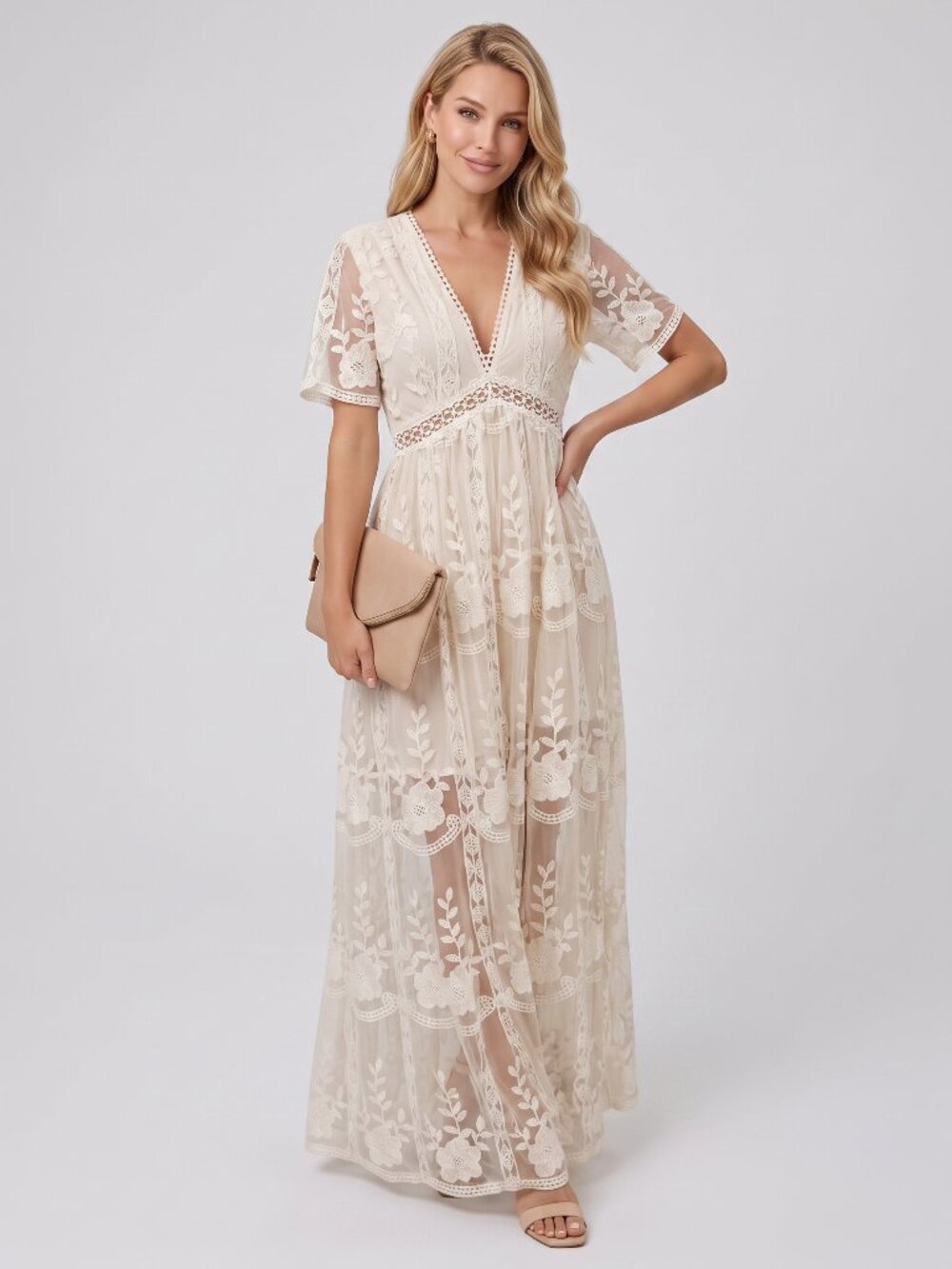 Women's White Lace Chiffon Maxi Dress V-Neck Short Sleeve Boho Beach Vacation